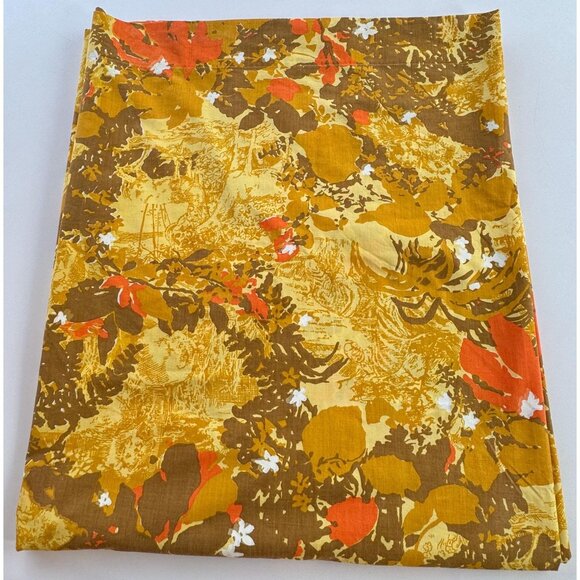 Vintage 70s flat sheet, orange, brown, yellow flowers, queen size, Pepperell - Picture 2 of 8
